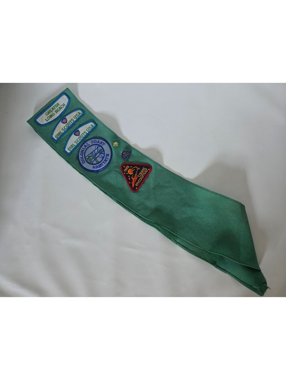 Vintage Girl Scouts USA Green Sash With Patches Long Beach Colonial Coast